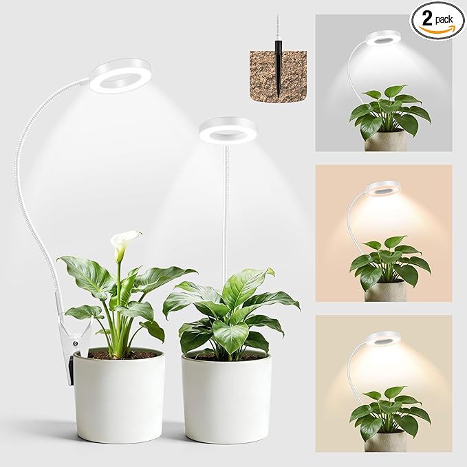 LORDEM Clip on Grow Lights for Indoor Plants, Full Spectrum LED Plant Lamp with Auto On Off Timer (6/8/12/16H) & 5 Dimmable Levels, Adjustable Gooseneck, 3 Light Modes for Small Plants, 2 Pack White