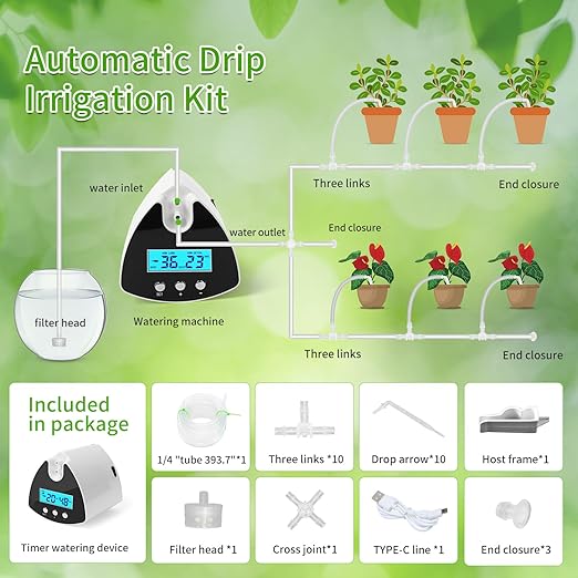Automatic Plant Waterer Indoor | Drip Irrigation System with LED Display, Self-Priming Pump & 10 Drip Emitters