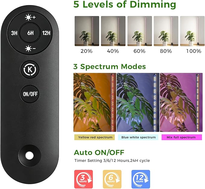 Grow Lights for Indoor Plants with Timer, 60 Inch Vertical Grow Light Full Spectrum 192 LEDs 24W with 3/6/12H Auto On/Off Remote 3 Light Modes 5-Level Dimmable Standing Plant Lamp