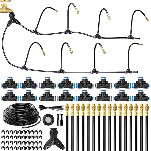 BluePro Drip Irrigation System 100FT 1/4", 2026-Upgrade Garden Sprinkler Kit with 16PCS 360° Adjustable Copper Nozzles, Automatic Misting Watering System for Raised Beds, Greenhouse, Lawn, Patio, Yard