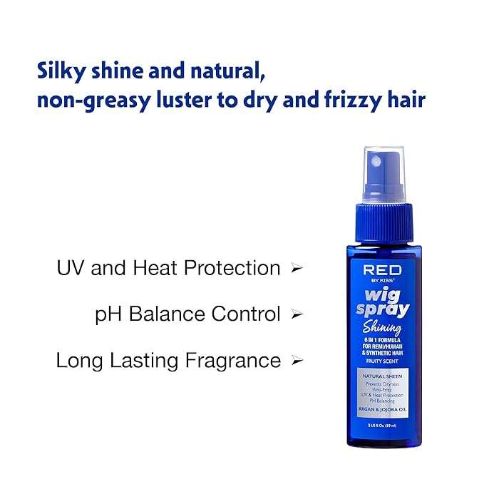 Red by Kiss Wig Spray, Extra Shine & Detangling Control for Remy, Human, Synthetic Hair, UV & Heat Protection, PH Balance & Long-Lasting Fragrance (2oz, Sheen)
