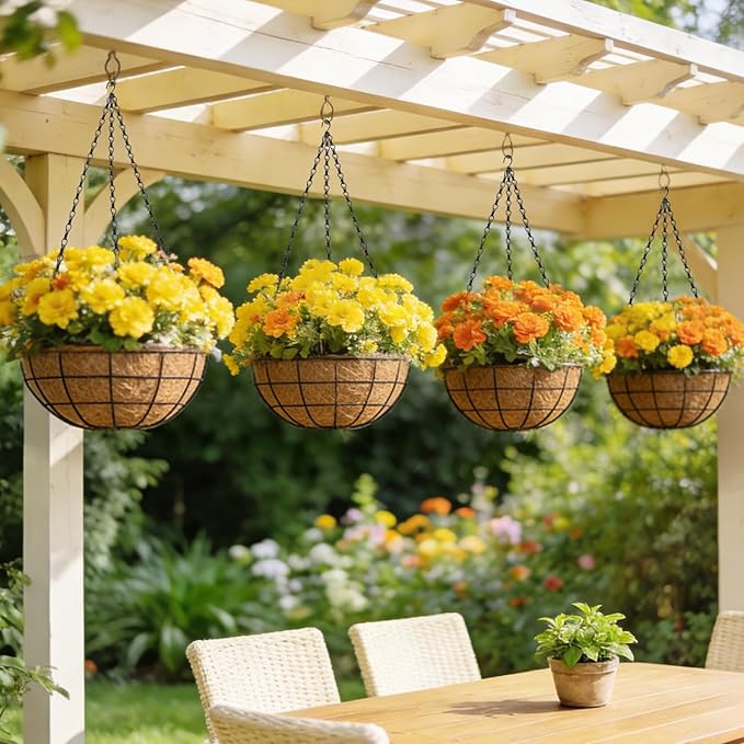 18 Inch Hanging Baskets for Plants Outdoor, 4 Pack Large Hanging Planters for Indoor Outdoor Plants, 4 Pack Round Wire Hanging Flower Pots with Coconut Coir Liners for Garden, Deck, Porch, Balcony