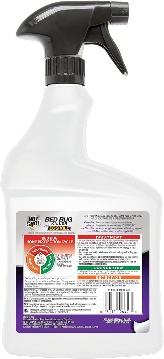 Hot Shot Ready-to-Use Bed Bug Killer Spray, Kills Bed Bugs and Bed Bug Eggs, Kills Fleas and Dust Mites, 32 Ounce