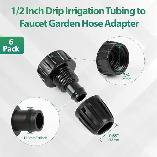 RedChili 6 Pcs 1/2 Inch Drip Irrigation Tubing to Faucet/Garden Hose Adapter, 3/4" FHT to 1/2" (1/2" ID x0.6-0.65" OD) Drip Irrigation Fittings Female Garden Hose Water Line System Connector