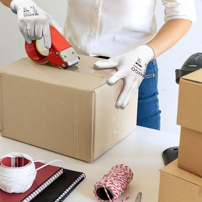 KAYGO Work Gloves for Men and Women,12 Pairs Seamless Knit PU Coated Safety Gloves, with Smooth Grip on Palm and Fingers, Ideal for Light Warehouse, Manufacturing, Gardening, KG11P (S, White)