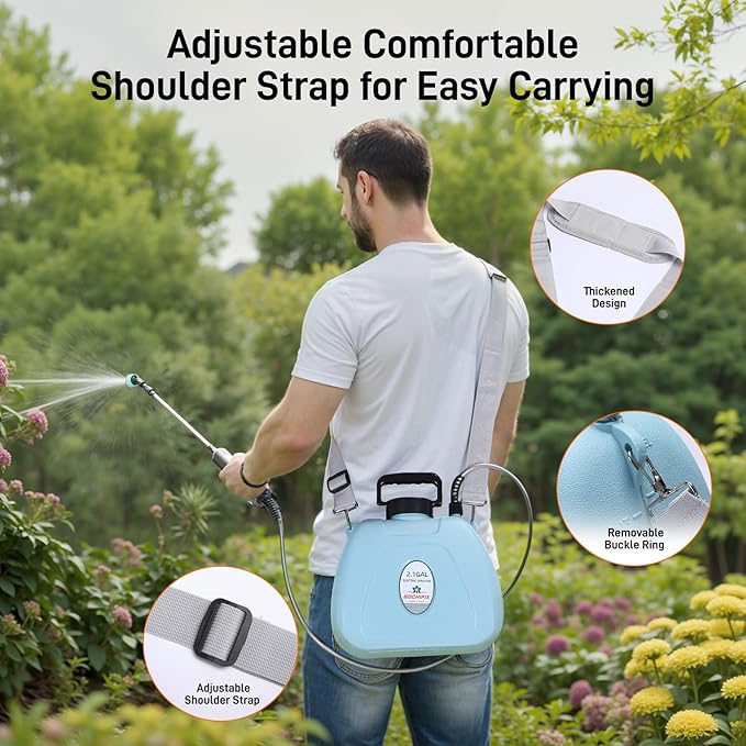 GOCHIFIX Electric Garden Sprayer 2.1 Gallon, 4 Mist Nozzles, Telescopic Wand, Adjustable Shoulder Strap, USB Rechargeable Waterproof Handle, Automatic Plant Mister for Lawn Garden