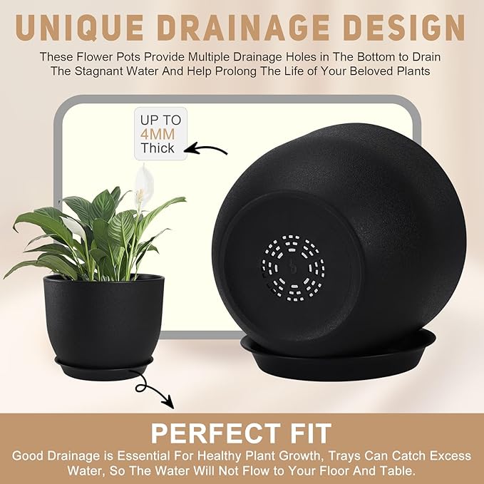 YNNICO Plant Pots 10/9/8/7.5/7 inch Set of 5,Flower Pots with Multi Mesh Drainage Holes, Large Planters for Indoor Outdoor Garden Plants and Flowers. (Black)