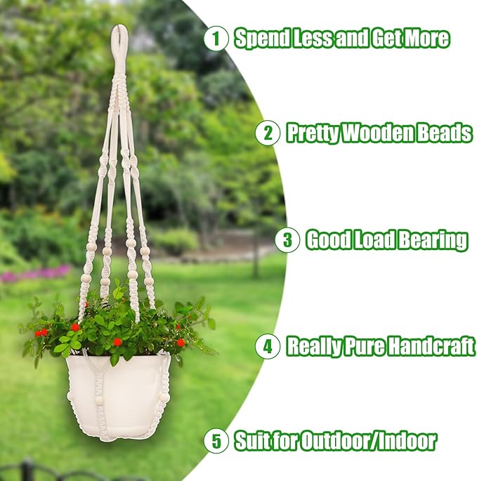 petonfun Macrame Plant Hanger Indoor,Hanging Planters for Indoor Plants with 8 Hooks,Outdoor Hanging Plant Holder Crochet for Window,Ceiling Boho Home Decor Basket Pot,White 4 Pack,Ivory