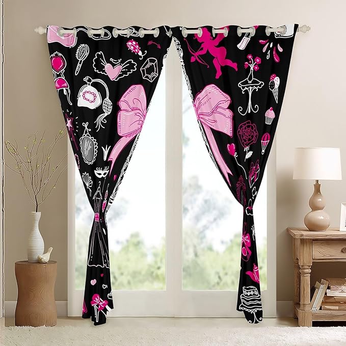 Eiffel Tower Curtains & Drapes,City Building of Paris Blackout Curtains,French Style Romantic France Window Treatments,Make Up Themed Pink Hearts Modern Fashion Window Curtains 2 Panels 38"Wx45"L