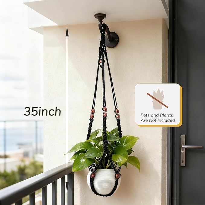 35 Inch Macrame Plant Hanger, Large for up to 15 Inch Pot Extra Long Hanging Planter Holder Basket with Wood Beads for Indoor Outdoor Home Decor (Black, 2-Pack)