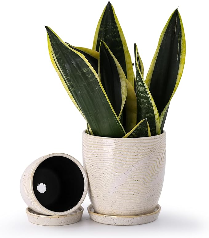 Set of 2 Ceramic Planters with Drainage Holes & Saucers - 4+5.75 Inch Retro Yellow & White Reactive Glaze Flower Pots - Unique Decorative Succulent Orchid Pots for Indoor Outdoor Home Decor