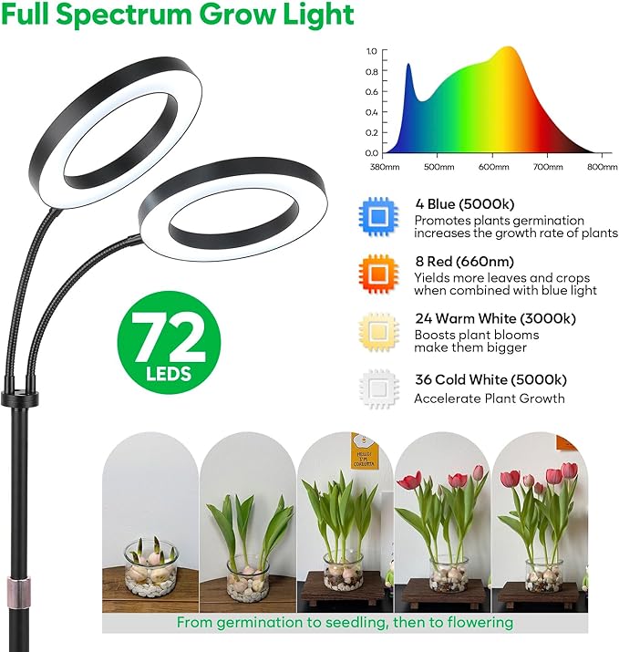 Dual-Head Grow Lights for Indoor Plants, LED Full Spectrum Plant Lamp with Timer 3/9/12H, 10 Dimmable Levels, Flexible Gooseneck, Height Adjustable 14"-23" for House Plants & Seedlings