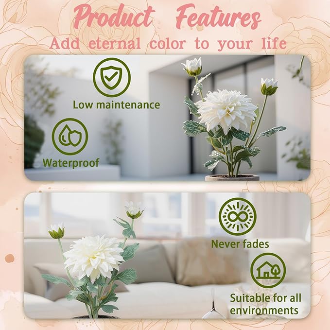 White Dahlia Flowers Fake Silk Mums Flower Artificial Chrysanthemum Flowers Faux Flowers for Vase Mums in Pot Spring Decor Coffee Table Home Party Decoration