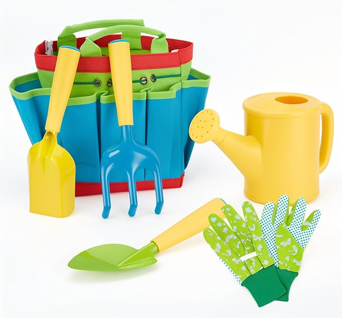 FITNATE Green Kids Garden Tools Set,6 PCS Garden Tools Including Watering Can, Shovel, Rake, Fork, Children Gardening Gloves and Garden Tote Bag, All in One Set