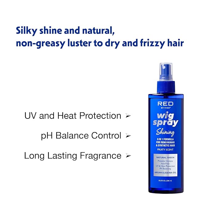Red by Kiss Wig Spray, Extra Shine & Detangling Control for Remy, Human, Synthetic Hair, UV & Heat Protection, PH Balance & Long-Lasting Fragrance (8oz, Sheen)