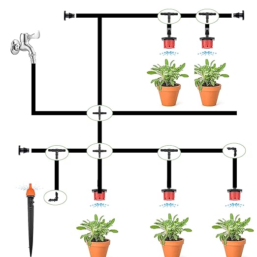 Dianrui 220 PCS Drip Irrigation Kit, Drip Irrigation Parts 1/4'' Tubing Fittings Kit for Garden Lawn Flower Sprinkler Systems-End Plug/ 4-Way Connector/Single barbs/Straight Barbs/Oblique Barbed Tees