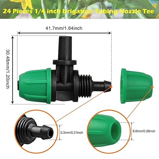 Gardrip Upgraded Drip Irrigation Fittings for 1/4 inch Tubing to 6mm Flat Mouth: Lock Barbed Nozzle Tee Connectors for Connecting Micro Atomizing Nozzle for Garden Greenhouse Misting (24 Pack)