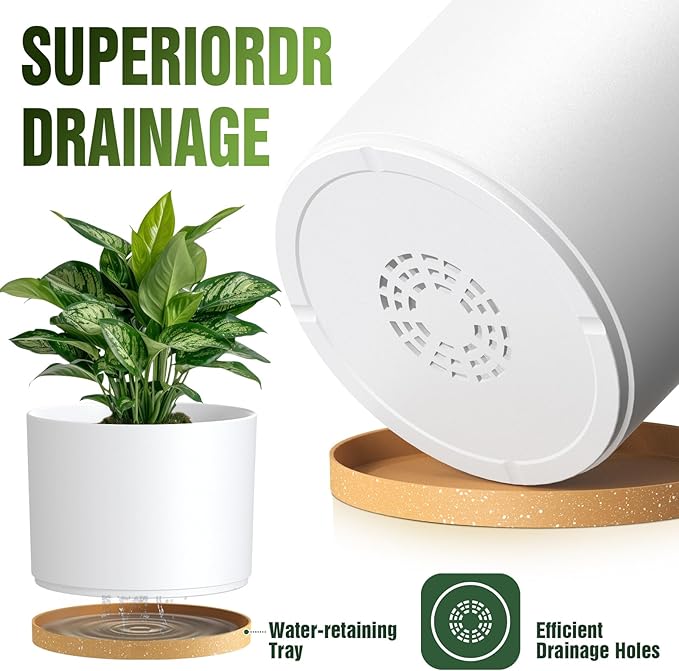 10/9/8 Inch Large Plant Pots with Drainage Holes and Trays, 3 Pack Modern Minimalist Cylinder Planters for Monstera, Snake Plant, Indoor Outdoor (Matte White & Brown)