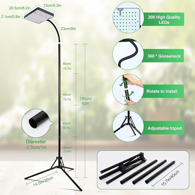 FRGROW 2026 Full Spectrum Grow Light with Stand, 25 Watt Bright Grow Lights for Indoor Tall Plants, Bonsai Tree, Auto On/Off Daily Timer(4/8/12/16/20H), Adjustable Stand 24"-78"