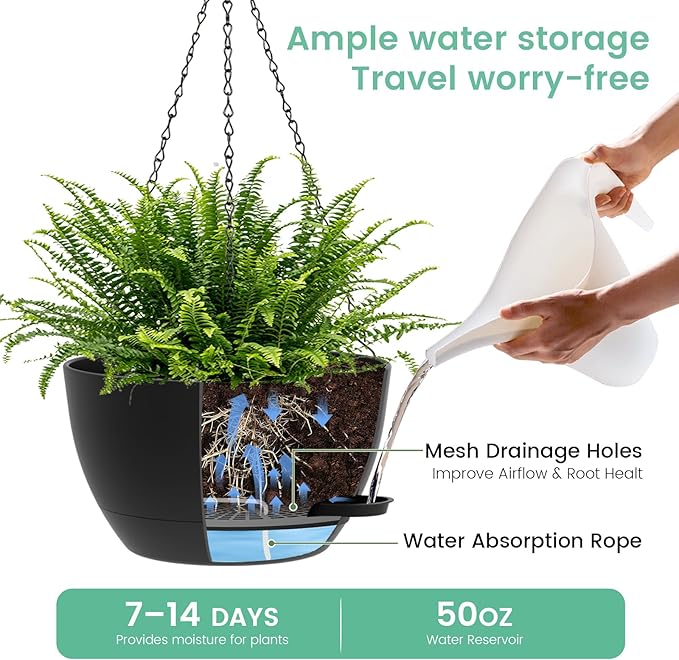 UOUZ 13 Inch 2 Pack Large Self Watering Hanging Planters for Indoor Outdoor Plants, Hanging Plant Pots with Removable 50 Oz Reservoir, Plastic Hanging Basket for Window Porch Garden Balcony, Black