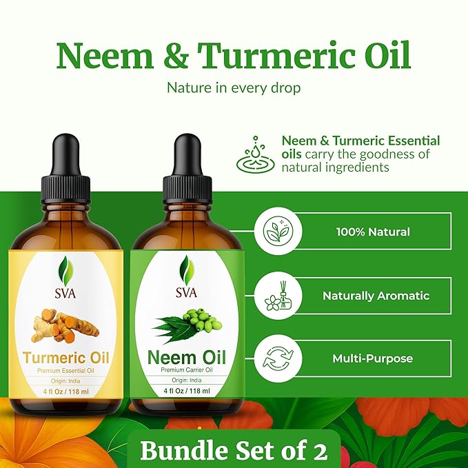 SVA Neem Oil 4 oz and Turmeric Oil 4 oz Bundle Super Saver Combo – Premium Grade Value Set for Hair Oiling, Scalp Massage, Hair Care, Skin Care and Body Massage