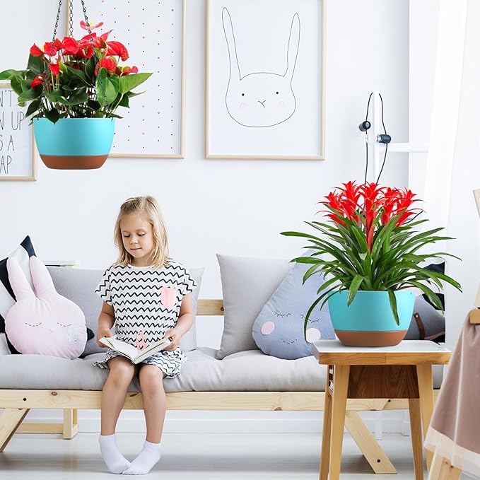Set of 2 Hanging Planters for Indoor Outdoor Plants, 10 Inch Self-Watering Hanging Flower Pots with Drainage Hole & Removable Water-Storage Tray (Hooks)
