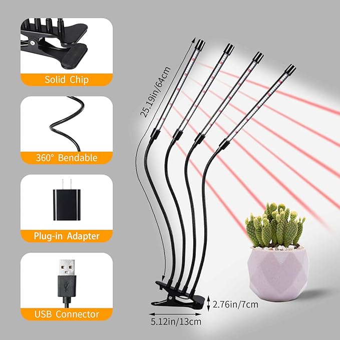 Black Clip Grow Lights for Indoor Plants, 168 Full Spectrum LEDs Clip Plant Growing Lamps with Flexible Gooseneck and 4/8/12h Timer, 3 Spectral Modes, 10 Dimmable Levels (3 Head 1 Pack)