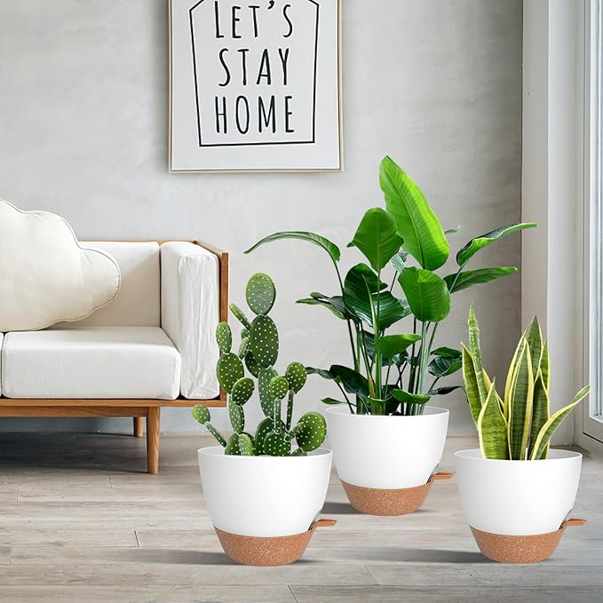 Vanslogreen Planters for Indoor Plants, 10/9/8 Inch Self Watering Plant Pots with Drainage Hole, Plastic Planters Flower Pots for Indoor Outdoor Plants (White)