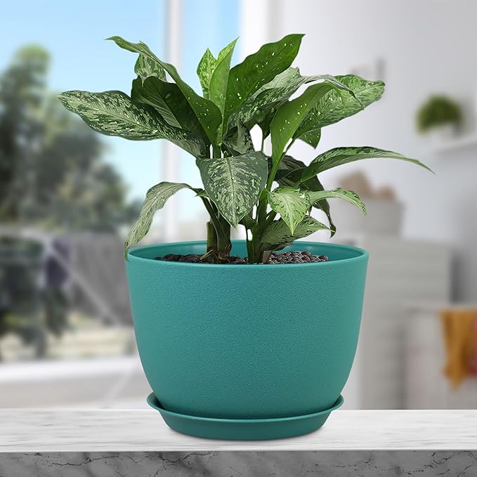 Meowell Plant Pots 12 inch, Plastic Planters with Drainage Holes and Saucers, Large Flower Pots for Indoor Outdoor Plants, Modern Decorative Pots for Garden House Plants, Blue Green