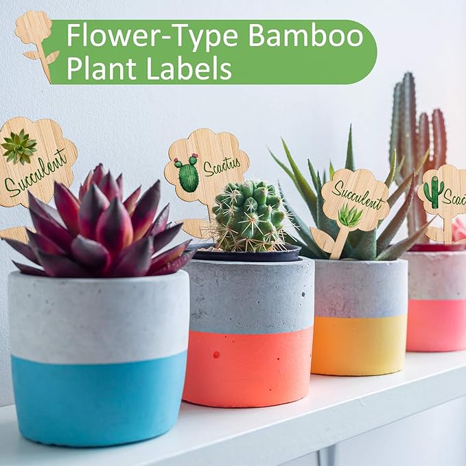 Whaline 60 Pcs Flower-Type Wood Plant Labels with 1 Marker Pen Wooden Plant Sign Tag Garden Marker Decorative Garden Tags for Seed Potted Herbs Flowers Vegetables, 2 x 3.9 Inch