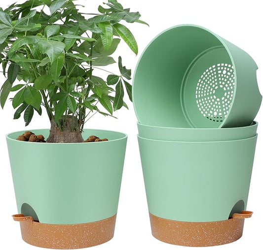 YNNICO 12 Inches Indoor Self Watering Planters with Drainage Holes and Saucers, 4 Pack (Green)