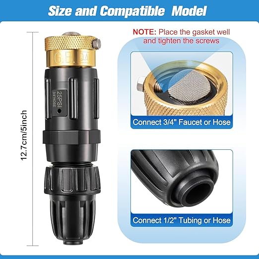 Feekoon 3 Set 25 Psi Drip Irrigation Faucet Adapter Kit 1/2'' Irrigation Tubing to 3/4'' Faucet Water Pressure Regulator Backflow Preventer with Filter, Drip System Parts