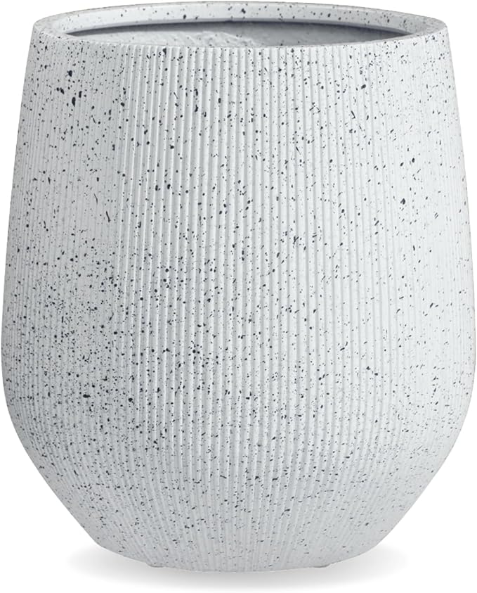KUTE NEST 16.5" H x 15" D Premium Ribbed Corso Fiberstone Round Tapered Planter with Drainage Hole, Weather Resistant, Included 2 Extra Coco Mats (Ribbed Speckled White, 11.5" Pot Opening)