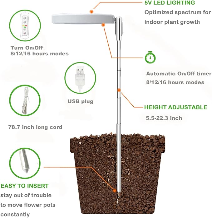 yadoker Plant Grow Light, LED Growing Light Full Spectrum for Indoor Plants,Height Adjustable, Automatic Timer, 5V Low Safe Voltage,Idea for Small Plant Light