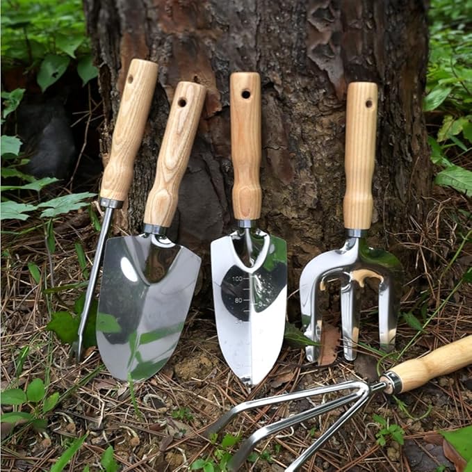 5-Piece Garden Tool Set, Rust-Resistant Stainless Steel with Ergonomic Non-Slip Wooden Handles – Durable Gardening Tools Gift,Includes Trowel,Transplanter, Hand Fork, Cultivator & Weeder Light-Weight