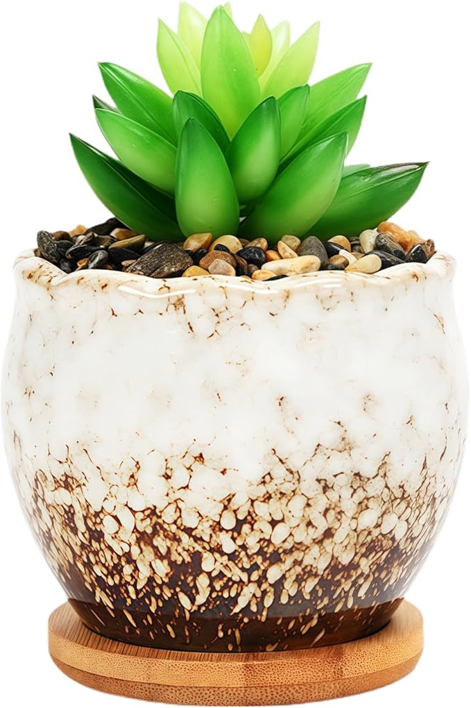 Cute Circular Ceramic Home Garden Decoration Succulent Cactus Flower Pots Container with Bamboo Tray -Plant Not Included (White, 3.9 Inch)
