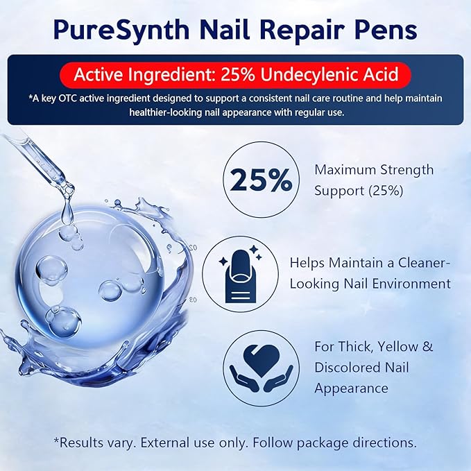 Extra Strength Nail Fungus Repair Pen (OTC Maximum Strength), 25% Undecylenic Acid + Aloe & Vitamin E, For Thick Yellow Discolored Nails, 24 mL (0.81 fl oz) Total, 8-Pack,Designed in USA (White)