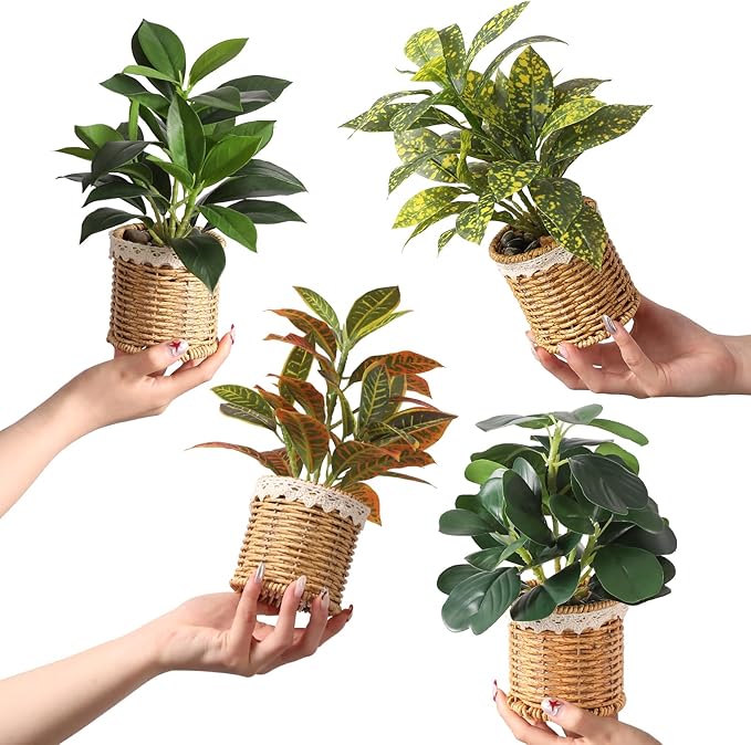 Nubry 2 Pack Fake Plants Artificial Potted Plants with Weaved Pot for Shelf & Table Desk | Perfect for Home Office Bathroom Farmhouse Room Coffee Table Decor 10‘’