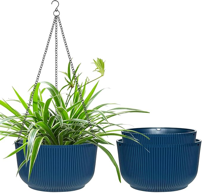 RooTrimmer Hanging Planters 9/10/11 Inch for Indoor Plants, 3 Pack Plant Hanger Outdoor with Drainage Holes, Self Watering Hanging Basket Flower Pot for Garden Home Decor, Dark Blue