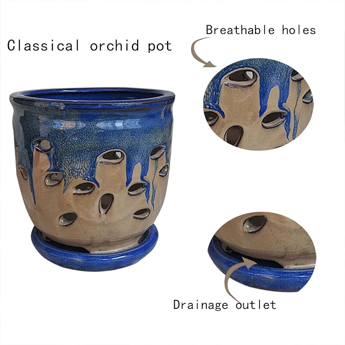 Large 6inch Ceramic Orchid pots with Holes, Flower Pot with Saucer for Indoor Plants Home Decorative, Round Planter (Blue+Light Brown)