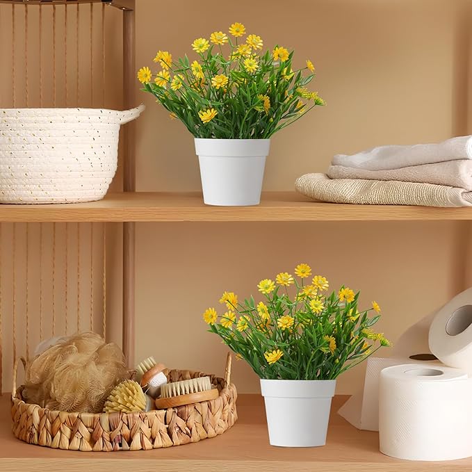 Fake Plants Daisy for Bathroom Decor, Small Potted Artificial Plants Indoor for Shelf Desk Home Bathroom Farmhouse Room Coffee Table Decor, Yellow (Pack of 2)