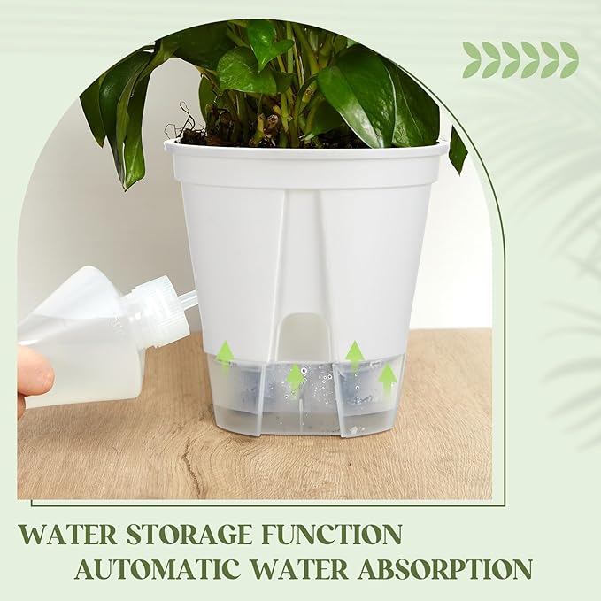 Wonderjune Self Watering Pots for Indoor Plants with Deep Reservoir and High Drainage Holes for Outdoor Plants and Flowers, Bare Root Planter(4.72'', 5.91'', 7.09'',White,9 Pcs)