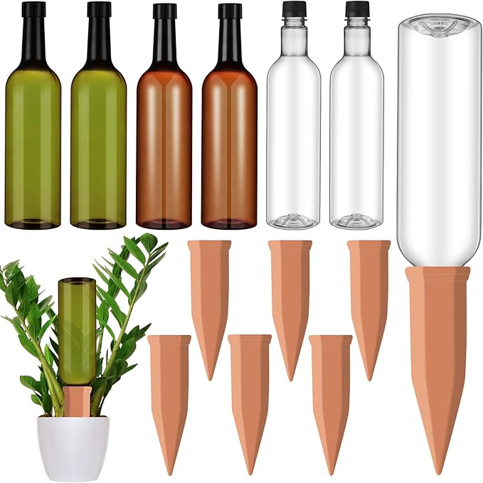 SiliFine 6 Sets Plant Watering Devices Include Terracotta Self Watering Spikes and 26 oz Plastic Bottles, Slow Release Vacation Insert Automatic Plant Waterer Device (Green Clear Brown and Terracotta)
