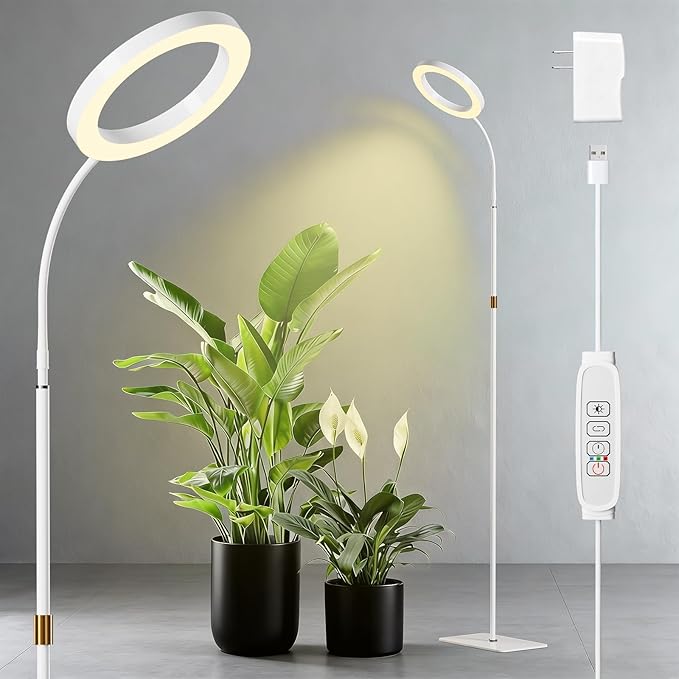 One Head Grow Light for Indoor Plants Full Spectrum - Floor Standing Plant Lamp with Auto Timer 6/12/18H, 5-Level Dimmable & Adjustable Height 16.5-68in for Large Tall Plants | White