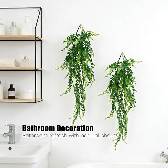 GREENTIME 2 Pack Artificial Boston Fern 28" Fake Hanging Plants with 9.8" Diamond Metal Planter UV Resistant No Maintenance Boho Wall Decor for Indoor Outdoor Bedroom Living Room Shelf