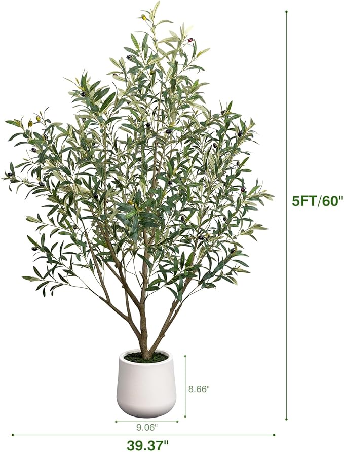 Artificial Olive Tree 5FT - Tall Faux Olive Trees Indoor with White Planter, Large Fake Olive Plants Realistic Branches Natural Thick Trunk and Fruits for Home House Office Decor