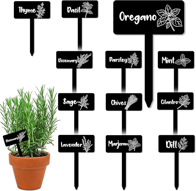 JarThenaAMCS 24Pcs Acrylic Plant Label Signs 12 Styles Spring Summer Garden Herb Markers Black Waterproof Reusable T-Type Tags Plant Stake Tags with Names for Nursery Indoor Outdoor Garden Decor