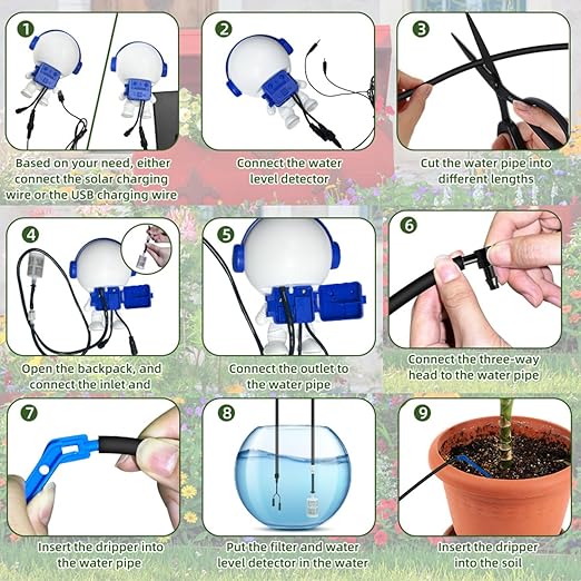 Solar Drip Irrigation System for Garden/Outdoor/Indoor, Garden Solar Automatic Watering System for 15 Potted Plants, Vacation Automatic Plant Waterer Outdoor with 2500mAh Battery, 50Ft Tube