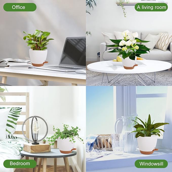 Vanslogreen Flower Pots, 8/7/6.5/6/5.5/5 Inch Self Watering Planters for Indoor Outdoor Plants with Drainage Hole, Plastic Planters for House Plants(White)
