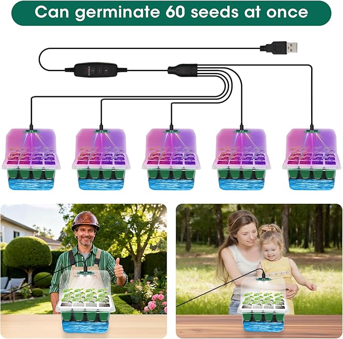 60-Cell Self Watering Seed Starter Tray with Grow Light, 5-Pack Reusable Seed Starter Kit with Soft Silicone, Plant Germination Trays with Humidity Dome for Seeding Planting Growing